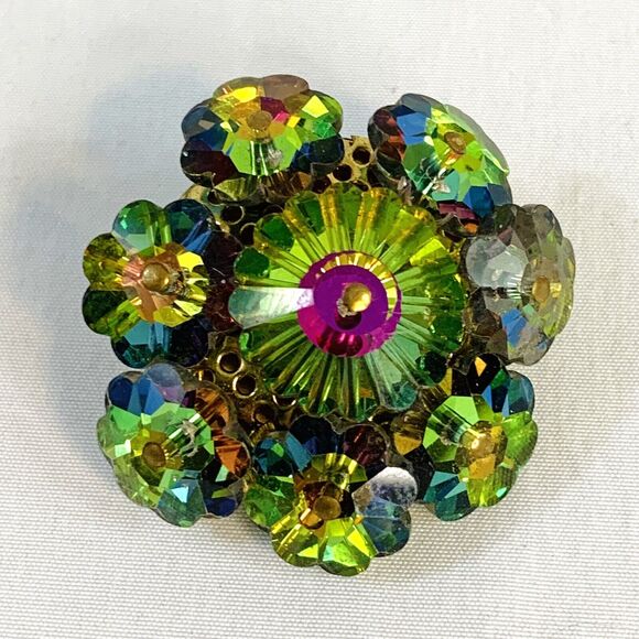 Vtg Watermelon Rivoli Purple Green AB Crystal Flower Cut Bead Cluster Brooch Pin - Picture 1 of 6